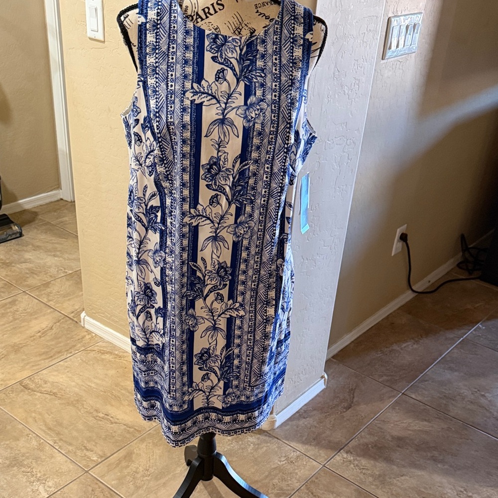 London Times Navy and White Patterned Midi Dress